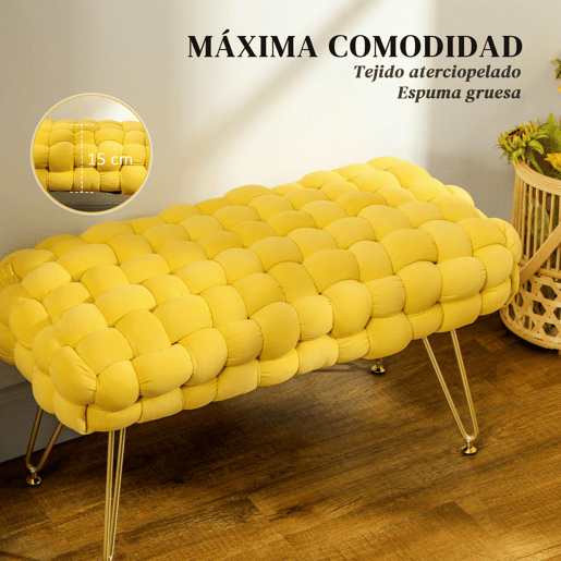 HOMCOM Apoio para os Pés Sala de Estar Apoio para os Pés em Veludo com Pés de Metal e Assento Acolchoado para Dormitório Entrada 76x38x41,5 cm Amarelo