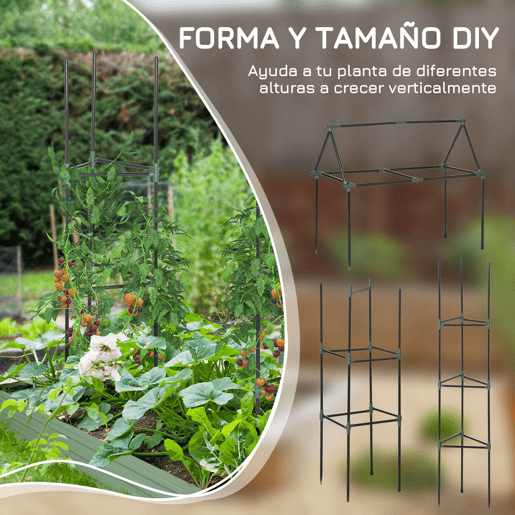 Outsunny Conjunto de 3 Suportes para Plantas Trepadeiras com Estrutura de Aço Torre de Treliça para Plantas Frutas Verduras Flores Decoração de Exterior 38x38x182 cm Verde