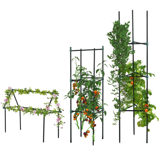 Outsunny Conjunto de 3 Suportes para Plantas Trepadeiras com Estrutura de Aço Torre de Treliça para Plantas Frutas Verduras Flores Decoração de Exterior 38x38x182 cm Verde