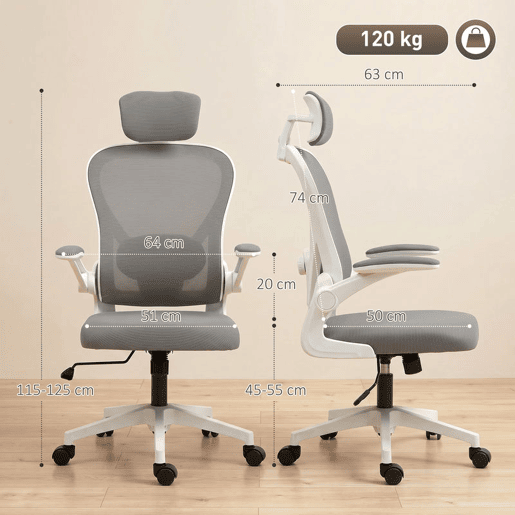 HOMCOM Cadeira de Escritório Giratória Cadeira de Escritório em Malha Transpirável com Altura Ajustável Apoio para a Cabeça e Suporte Lombar Ajustáveis Cadeira de Escritório Basculante Carga 120 kg 58x63x115-125 cm Cinza