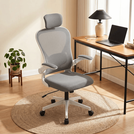 HOMCOM Cadeira de Escritório Giratória Cadeira de Escritório em Malha Transpirável com Altura Ajustável Apoio para a Cabeça e Suporte Lombar Ajustáveis Cadeira de Escritório Basculante Carga 120 kg 58x63x115-125 cm Cinza