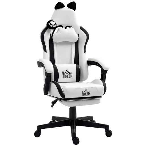 HOMCOM Cadeira Gaming com Orelhas Cadeira Gamer Reclinável com Altura Ajustável Apoio para os Pés Retrátil Suporte Lombar e Apoio para a Cabeça Desmontável Cadeira para Escritório 65x62x116-124 cm Branco