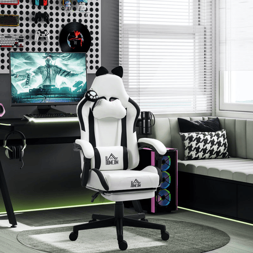 HOMCOM Cadeira Gaming com Orelhas Cadeira Gamer Reclinável com Altura Ajustável Apoio para os Pés Retrátil Suporte Lombar e Apoio para a Cabeça Desmontável Cadeira para Escritório 65x62x116-124 cm Branco