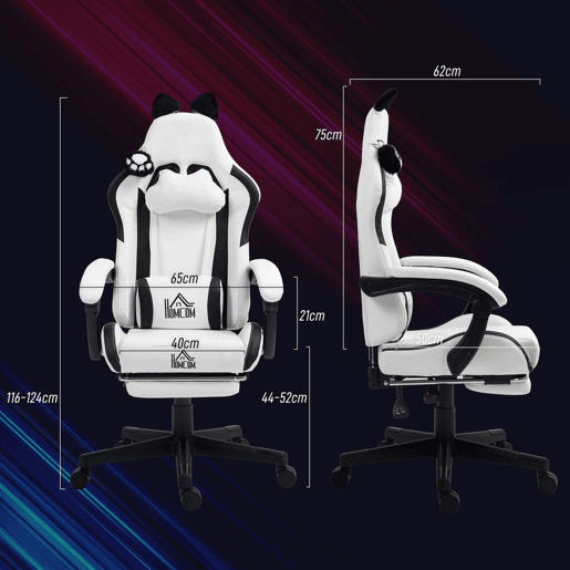 HOMCOM Cadeira Gaming com Orelhas Cadeira Gamer Reclinável com Altura Ajustável Apoio para os Pés Retrátil Suporte Lombar e Apoio para a Cabeça Desmontável Cadeira para Escritório 65x62x116-124 cm Branco