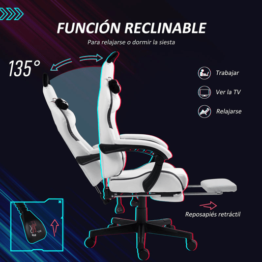 HOMCOM Cadeira Gaming com Orelhas Cadeira Gamer Reclinável com Altura Ajustável Apoio para os Pés Retrátil Suporte Lombar e Apoio para a Cabeça Desmontável Cadeira para Escritório 65x62x116-124 cm Branco
