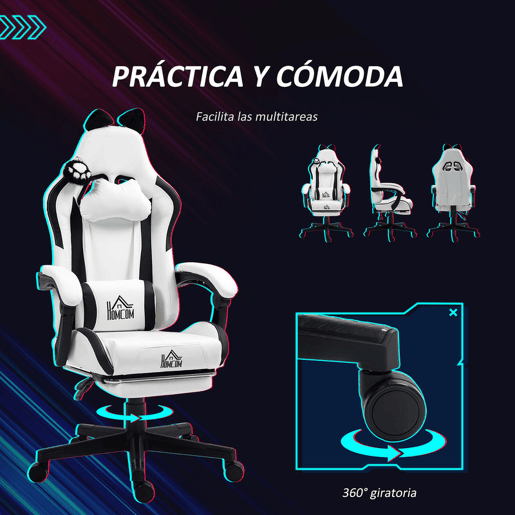 HOMCOM Cadeira Gaming com Orelhas Cadeira Gamer Reclinável com Altura Ajustável Apoio para os Pés Retrátil Suporte Lombar e Apoio para a Cabeça Desmontável Cadeira para Escritório 65x62x116-124 cm Branco