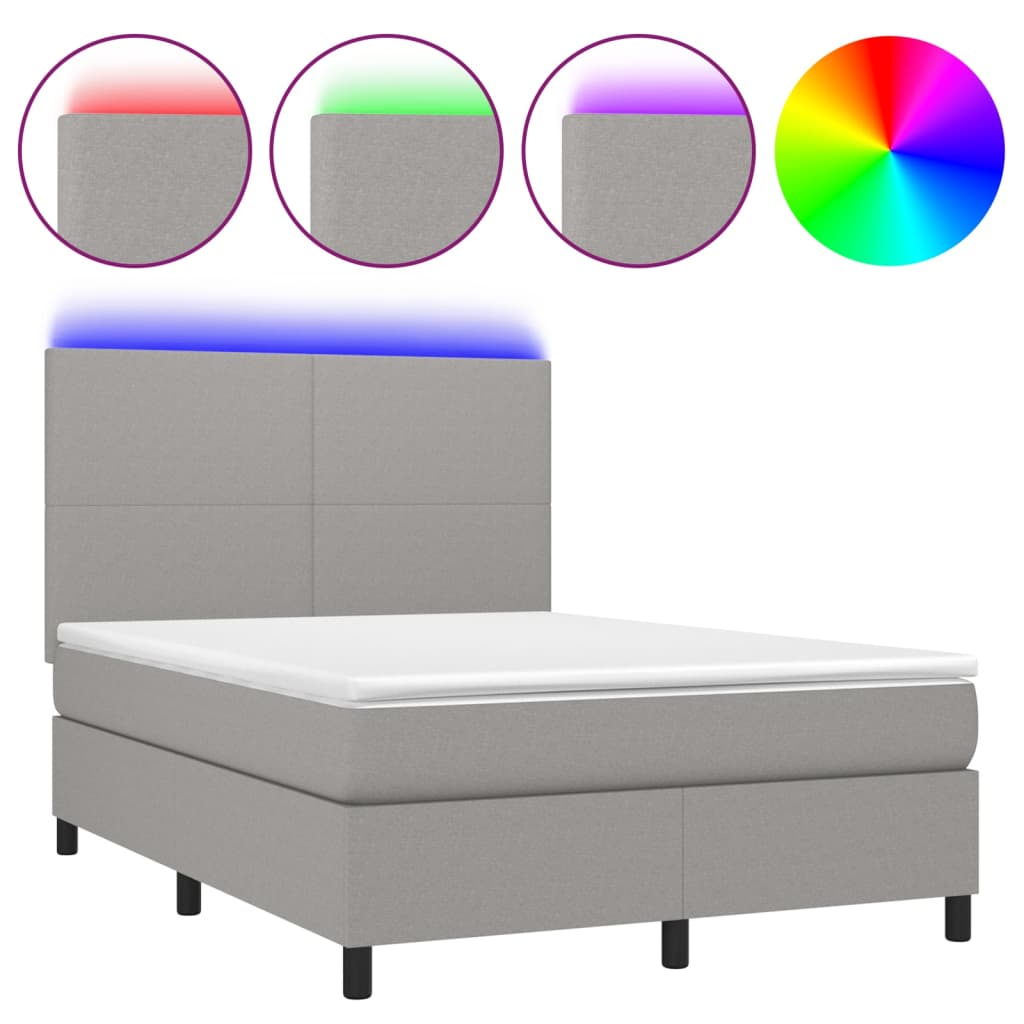 Cama box spring colchón y luces led tela gris claro 140x190 cm diseño plano