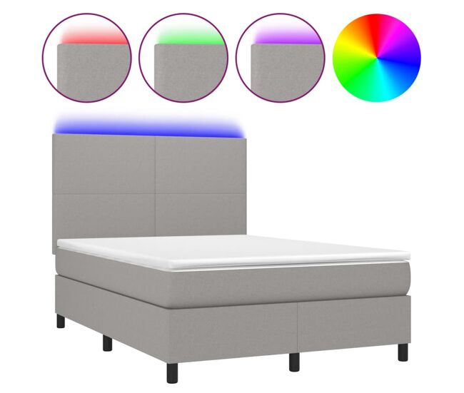 Cama box spring colchón y luces led tela gris claro 140x190 cm diseño plano