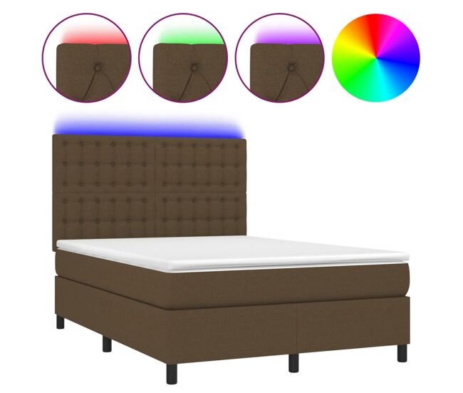 Cama box spring colchón luces led tela marrón oscuro 140x200cm botones