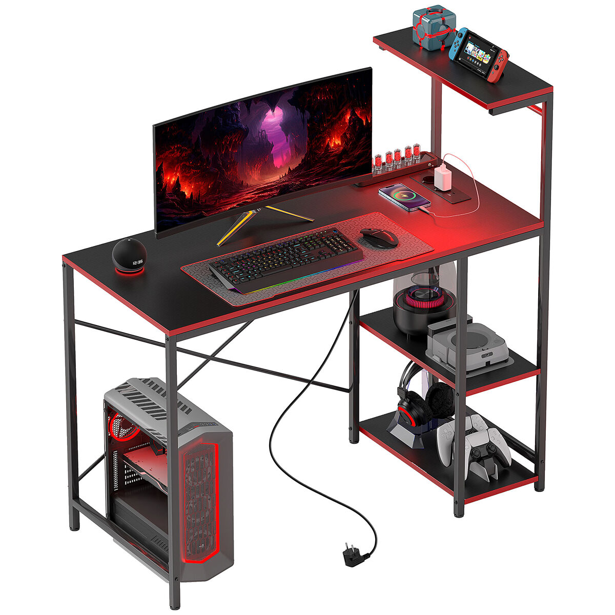 Homcom mesa gaming con luces led 110x50 cm escritorio gaming de fibra de carbono mesa gamer con tomas de corriente estantes y control remoto para oficina estudio negro