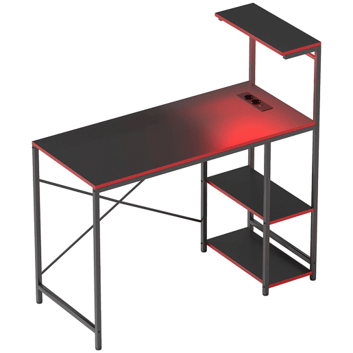 HOMCOM Secretária Gaming com Luzes LED 100x50 cm Secretária Gaming de Fibra de Carbono com Tomadas de Corrente Prateleiras e Controlo Remoto para Escritório Preto
