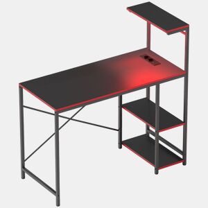 HOMCOM Secretária Gaming com Luzes LED 100x50 cm Secretária Gaming de Fibra de Carbono com Tomadas de Corrente Prateleiras e Controlo Remoto para Escritório Preto