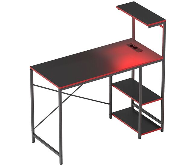 Homcom mesa gaming con luces led 110x50 cm escritorio gaming de fibra de carbono mesa gamer con tomas de corriente estantes y control remoto para