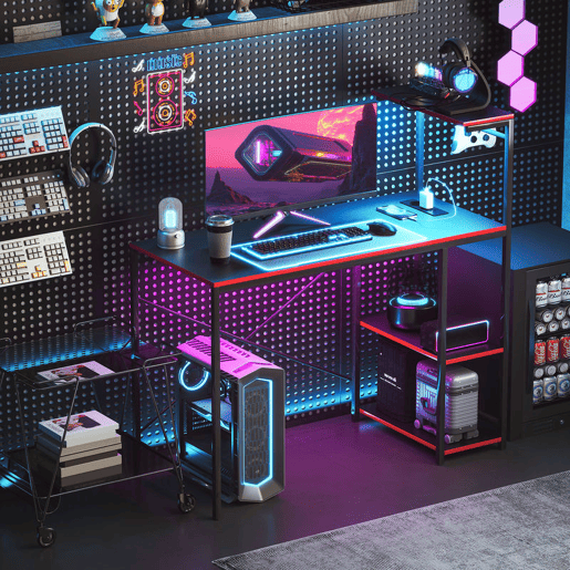 HOMCOM Secretária Gaming com Luzes LED 100x50 cm Secretária Gaming de Fibra de Carbono com Tomadas de Corrente Prateleiras e Controlo Remoto para Escritório Preto