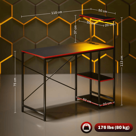 HOMCOM Secretária Gaming com Luzes LED 100x50 cm Secretária Gaming de Fibra de Carbono com Tomadas de Corrente Prateleiras e Controlo Remoto para Escritório Preto