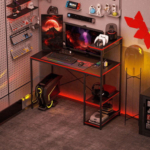 HOMCOM Secretária Gaming com Luzes LED 100x50 cm Secretária Gaming de Fibra de Carbono com Tomadas de Corrente Prateleiras e Controlo Remoto para Escritório Preto
