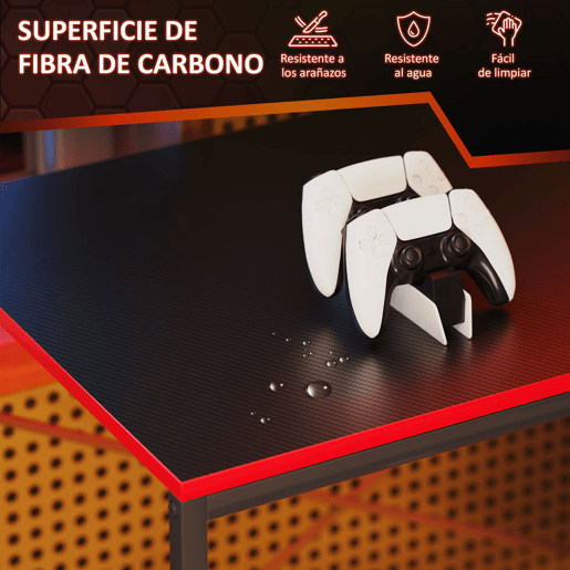 HOMCOM Secretária Gaming com Luzes LED 100x50 cm Secretária Gaming de Fibra de Carbono com Tomadas de Corrente Prateleiras e Controlo Remoto para Escritório Preto