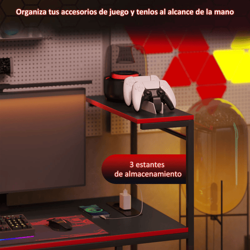 HOMCOM Secretária Gaming com Luzes LED 100x50 cm Secretária Gaming de Fibra de Carbono com Tomadas de Corrente Prateleiras e Controlo Remoto para Escritório Preto