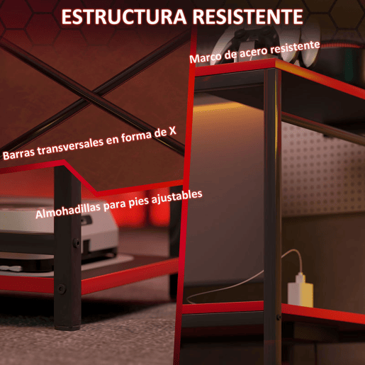 HOMCOM Secretária Gaming com Luzes LED 100x50 cm Secretária Gaming de Fibra de Carbono com Tomadas de Corrente Prateleiras e Controlo Remoto para Escritório Preto