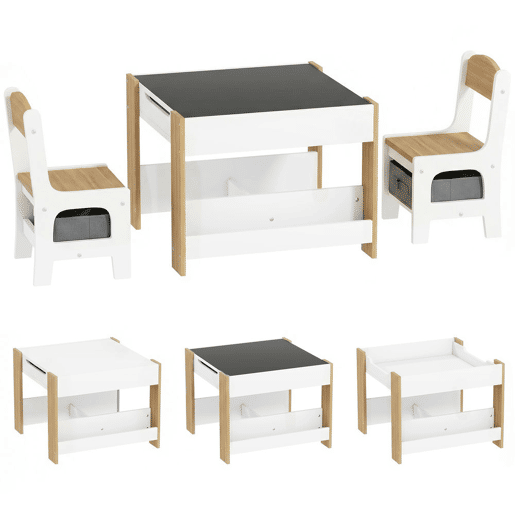 HOMCOM Conjunto de Mesa e 2 Cadeiras Infantis Mesa com Cadeiras para Crianças 2 em 1 com Ardósia Gavetas de Tecido e Espaço de Armazenamento para Quarto Sala de Jogos Cinza