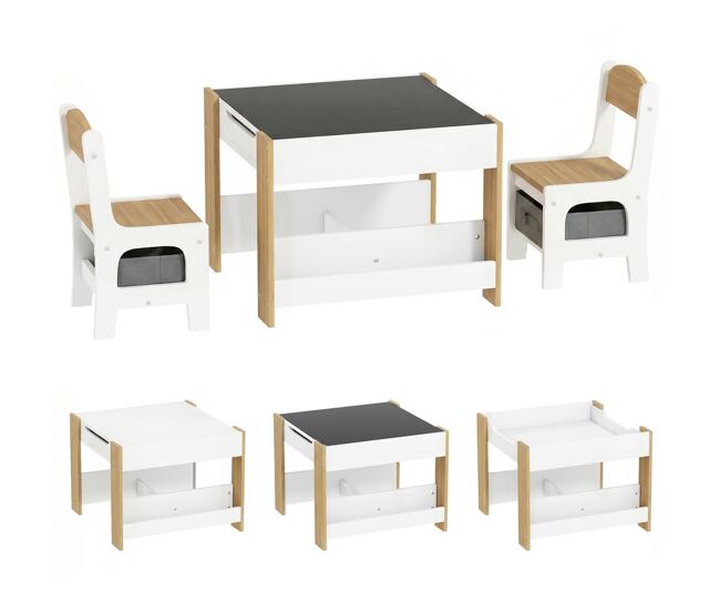 Homcom juego de mesa y 2 sillas infantiles mesa con sillas para niños 3 en 1 con pizarra cajones de tela y espacio de almacenamiento para guardería