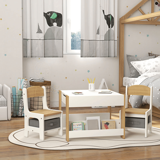 HOMCOM Conjunto de Mesa e 2 Cadeiras Infantis Mesa com Cadeiras para Crianças 2 em 1 com Ardósia Gavetas de Tecido e Espaço de Armazenamento para Quarto Sala de Jogos Cinza