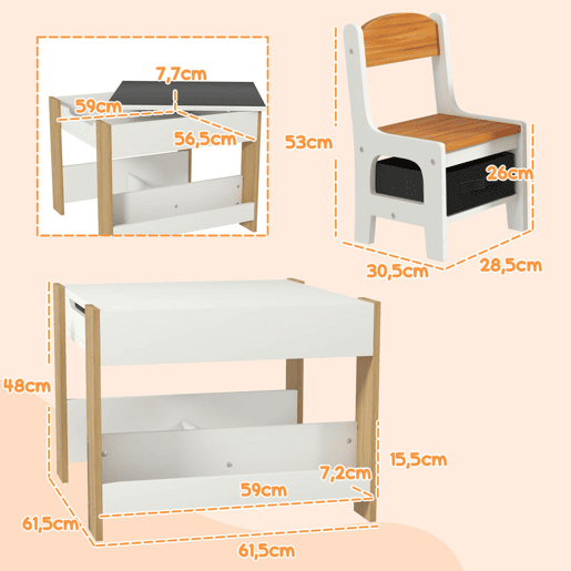HOMCOM Conjunto de Mesa e 2 Cadeiras Infantis Mesa com Cadeiras para Crianças 2 em 1 com Ardósia Gavetas de Tecido e Espaço de Armazenamento para Quarto Sala de Jogos Cinza