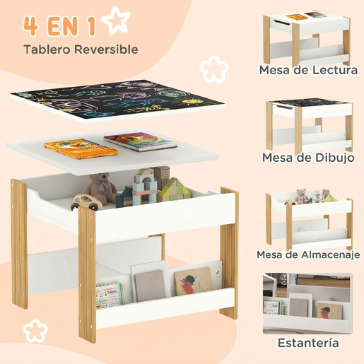 HOMCOM Conjunto de Mesa e 2 Cadeiras Infantis Mesa com Cadeiras para Crianças 2 em 1 com Ardósia Gavetas de Tecido e Espaço de Armazenamento para Quarto Sala de Jogos Cinza