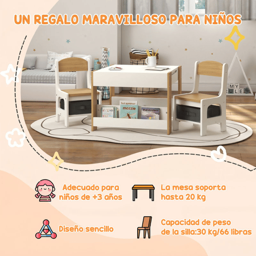 HOMCOM Conjunto de Mesa e 2 Cadeiras Infantis Mesa com Cadeiras para Crianças 2 em 1 com Ardósia Gavetas de Tecido e Espaço de Armazenamento para Quarto Sala de Jogos Cinza