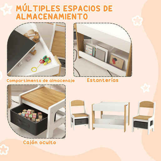 HOMCOM Conjunto de Mesa e 2 Cadeiras Infantis Mesa com Cadeiras para Crianças 2 em 1 com Ardósia Gavetas de Tecido e Espaço de Armazenamento para Quarto Sala de Jogos Cinza