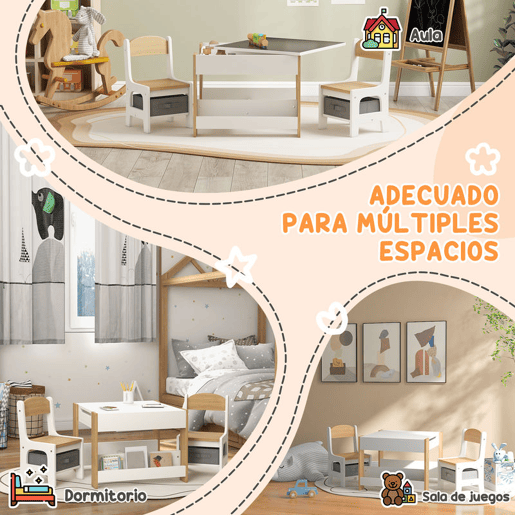 HOMCOM Conjunto de Mesa e 2 Cadeiras Infantis Mesa com Cadeiras para Crianças 2 em 1 com Ardósia Gavetas de Tecido e Espaço de Armazenamento para Quarto Sala de Jogos Cinza