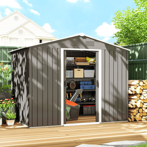 Outsunny Abrigo de Jardim de 3,6 m² 236x174x190 cm Abrigo de Exterior para Armazenamento de Ferramentas com Portas de Correr e 4 Janelas de Ventilação para Pátio Cinza Claro