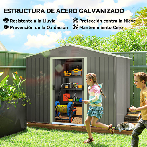 Outsunny Abrigo de Jardim de 3,6 m² 236x174x190 cm Abrigo de Exterior para Armazenamento de Ferramentas com Portas de Correr e 4 Janelas de Ventilação para Pátio Cinza Claro