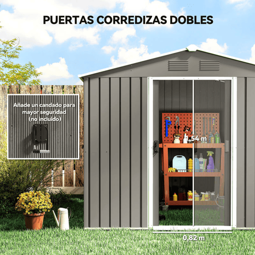 Outsunny Abrigo de Jardim de 3,6 m² 236x174x190 cm Abrigo de Exterior para Armazenamento de Ferramentas com Portas de Correr e 4 Janelas de Ventilação para Pátio Cinza Claro
