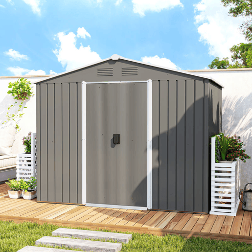 Outsunny Abrigo de Jardim de 3,6 m² 236x174x190 cm Abrigo de Exterior para Armazenamento de Ferramentas com Portas de Correr e 4 Janelas de Ventilação para Pátio Cinza Claro