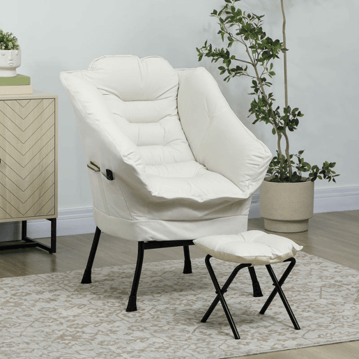 HOMCOM Poltrona Sala de Estar com Apoio para os Pés Poltrona Relax para Leitura com Bolsos Laterais e Pés de Aço para Sala de Estar Dormitório 80x78x100 cm Creme