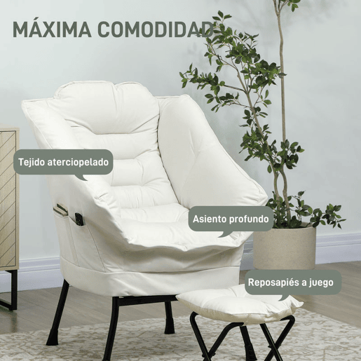 HOMCOM Poltrona Sala de Estar com Apoio para os Pés Poltrona Relax para Leitura com Bolsos Laterais e Pés de Aço para Sala de Estar Dormitório 80x78x100 cm Creme