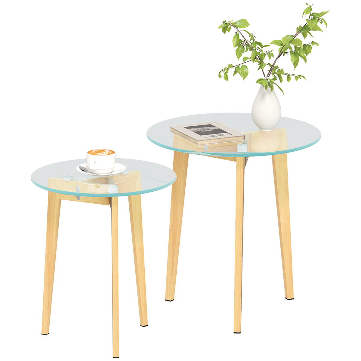 Homcom mesas auxiliares para salón mesas nidos de 2 piezas con tablero de vidrio templado y marco de acero mesas de centro pequeñas para dormitorio transparente