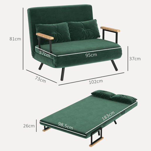 HOMCOM Sofá Cama Sofá Convertível em Cama de 2 Lugares Dobrável com Encosto Ajustável em 5 Níveis e 2 Almofadas Acolchoadas para Escritório Dormitório Sala de Estar 102x73x81 cm Verde