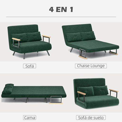 HOMCOM Sofá Cama Sofá Convertível em Cama de 2 Lugares Dobrável com Encosto Ajustável em 5 Níveis e 2 Almofadas Acolchoadas para Escritório Dormitório Sala de Estar 102x73x81 cm Verde