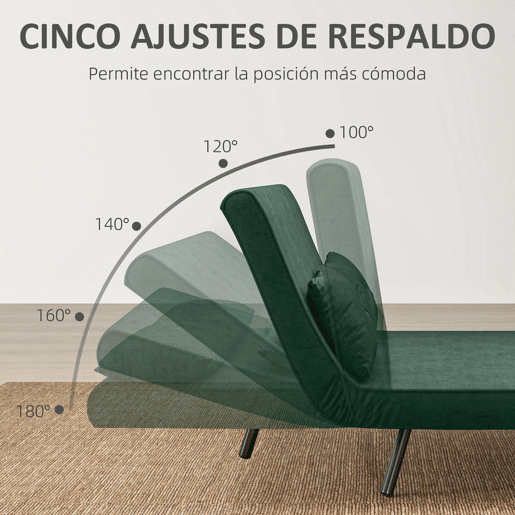 HOMCOM Sofá Cama Sofá Convertível em Cama de 2 Lugares Dobrável com Encosto Ajustável em 5 Níveis e 2 Almofadas Acolchoadas para Escritório Dormitório Sala de Estar 102x73x81 cm Verde