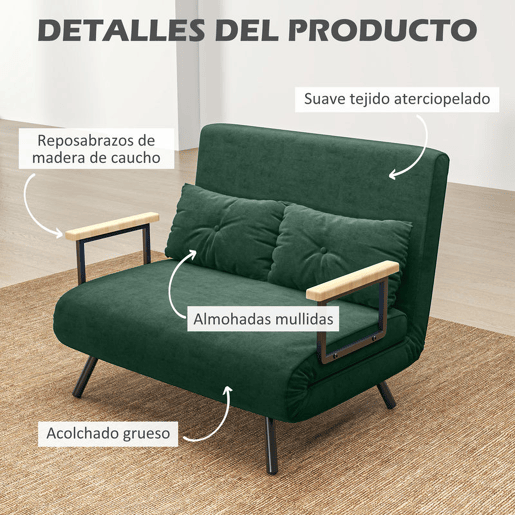 HOMCOM Sofá Cama Sofá Convertível em Cama de 2 Lugares Dobrável com Encosto Ajustável em 5 Níveis e 2 Almofadas Acolchoadas para Escritório Dormitório Sala de Estar 102x73x81 cm Verde