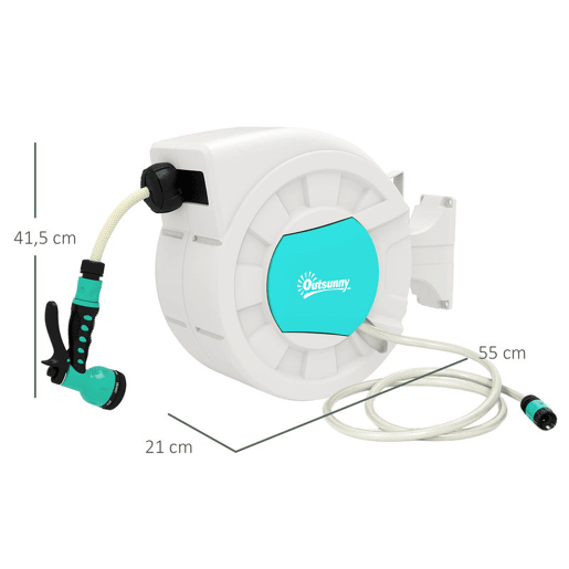 Outsunny Carretel de Mangueira para Jardim 20+2 m Carretel de Mangueira Retrátil de Parede com 7 Bocais Função de Bloqueio Retorno Automático e Giro de 180° Cinza Claro