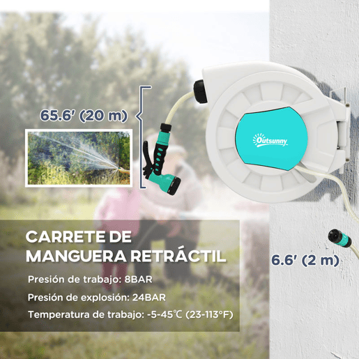 Outsunny Carretel de Mangueira para Jardim 20+2 m Carretel de Mangueira Retrátil de Parede com 7 Bocais Função de Bloqueio Retorno Automático e Giro de 180° Cinza Claro