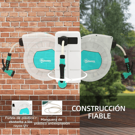 Outsunny Carretel de Mangueira para Jardim 20+2 m Carretel de Mangueira Retrátil de Parede com 7 Bocais Função de Bloqueio Retorno Automático e Giro de 180° Cinza Claro