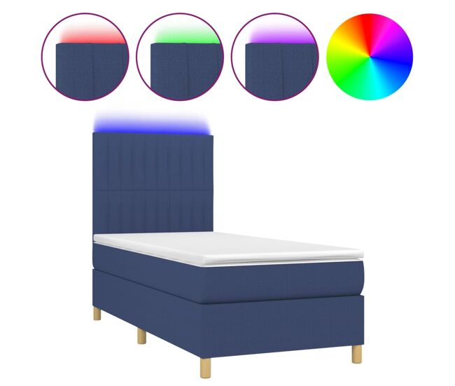 Cama box spring colchón y luces led tela azul 100x200 cm rayas verticales