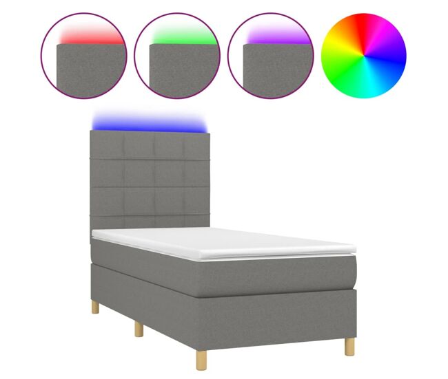 Cama box spring colchón y luces led tela gris oscuro 100x200 cm bloques con cuadros