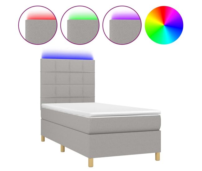 Cama box spring colchón y luces led tela gris claro 90x190 cm bloques con cuadros