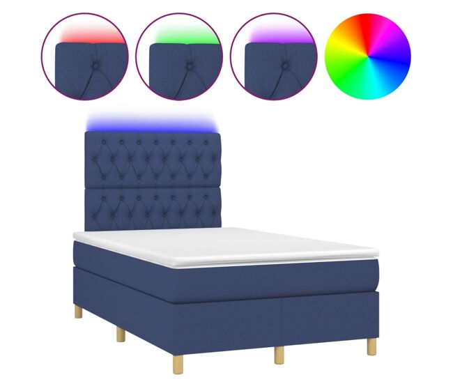 Cama box spring con colchón y led tela azul 120x200 cm diseño de botones
