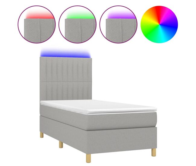 Cama box spring colchón y luces led tela gris claro 100x200 cm rayas verticales